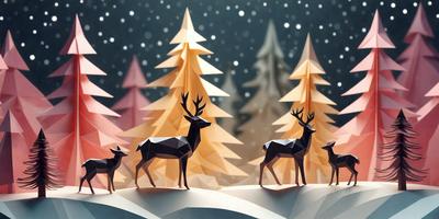 The primary subject of the image is a group of deer standing in a snowy forest. The setting is a snowy landscape with trees in the background. The visual style is a combination of photo and digital art, creating a realistic yet artistic representation of the scene. The colors and mood are predominantly white and cold, reflecting the wintry atmosphere of the forest.